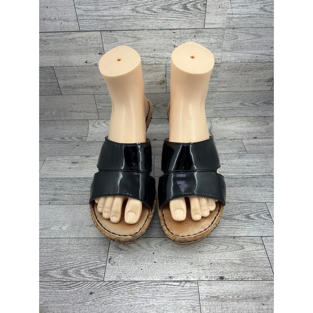 Born B94609 Black Patent Leather Cork Wedge Slide Sandals Women Sz US 10 EU 42